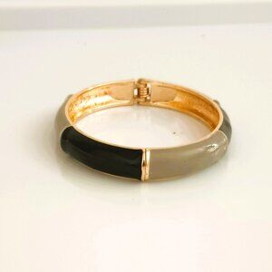 Black and Gray Enamel Bracelet 6.5" Gold Tone Hinged Bangle Women's Jewelry